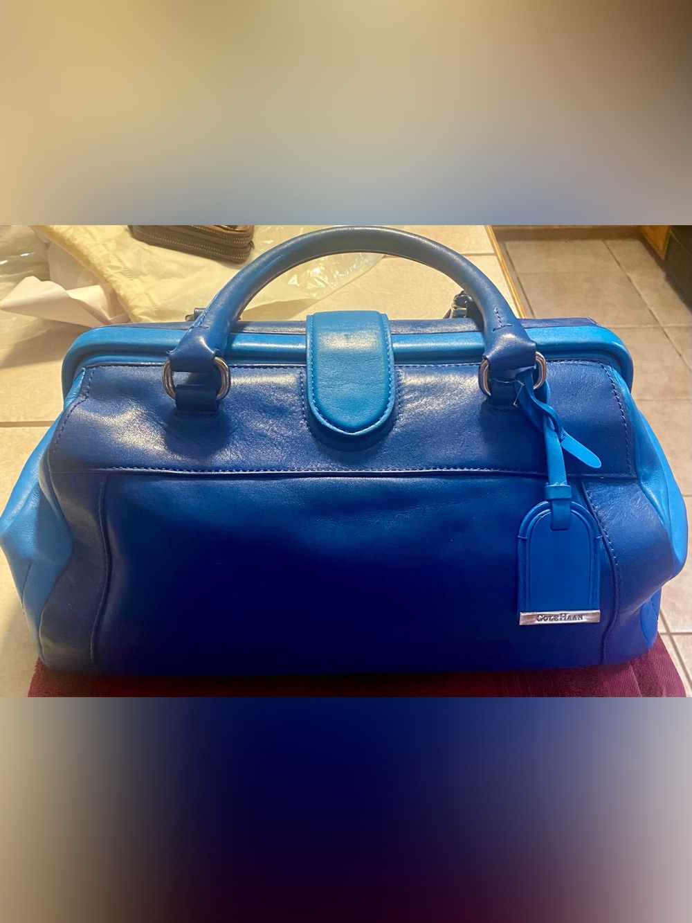 Cole Haan Anne Street Frame Satchel Two-tone Blue Leather Finish Key Fob Tag